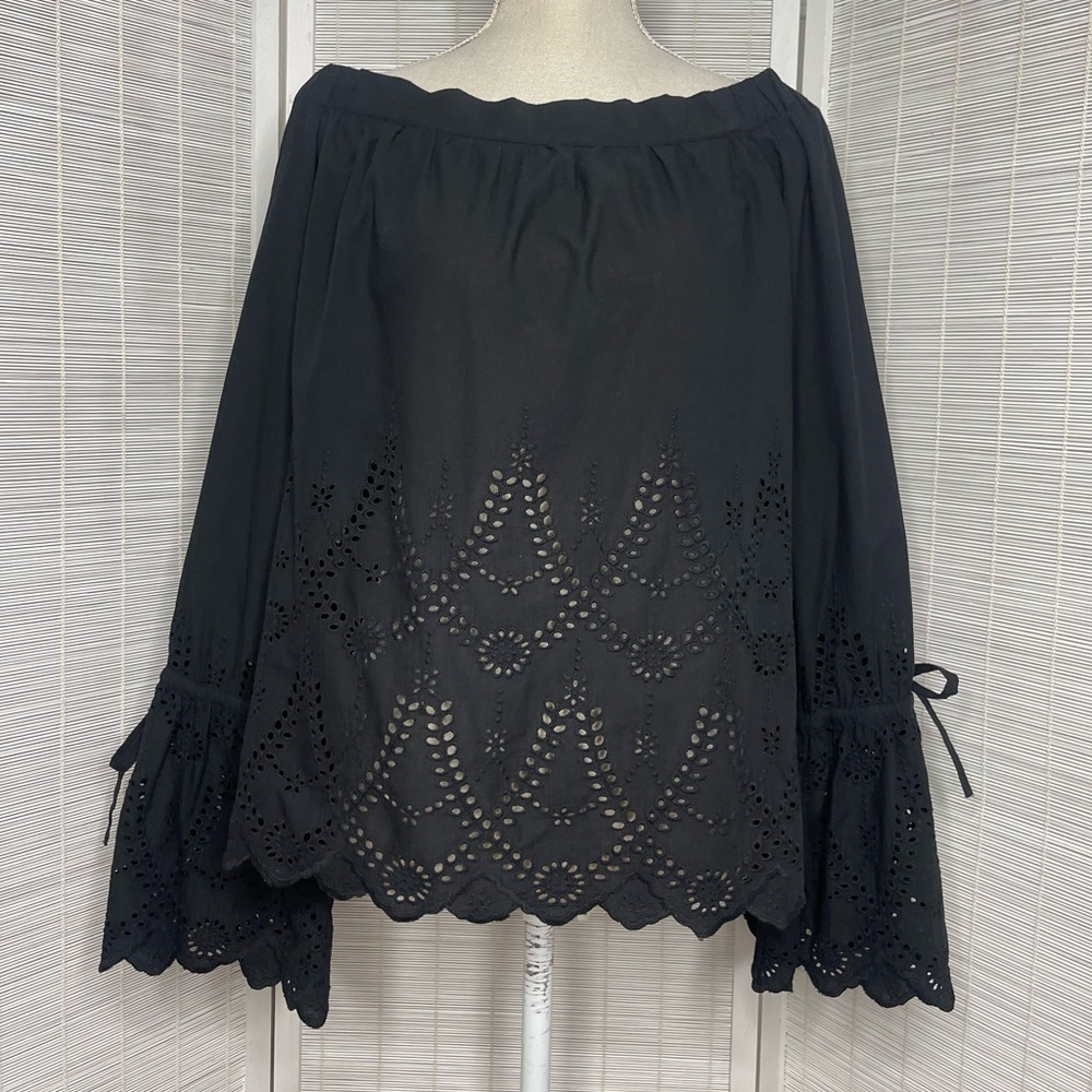 Trovata Blouse Birds Of Paradis Black Eyelet Off Shoulder Tie Cuff Cotton Size S